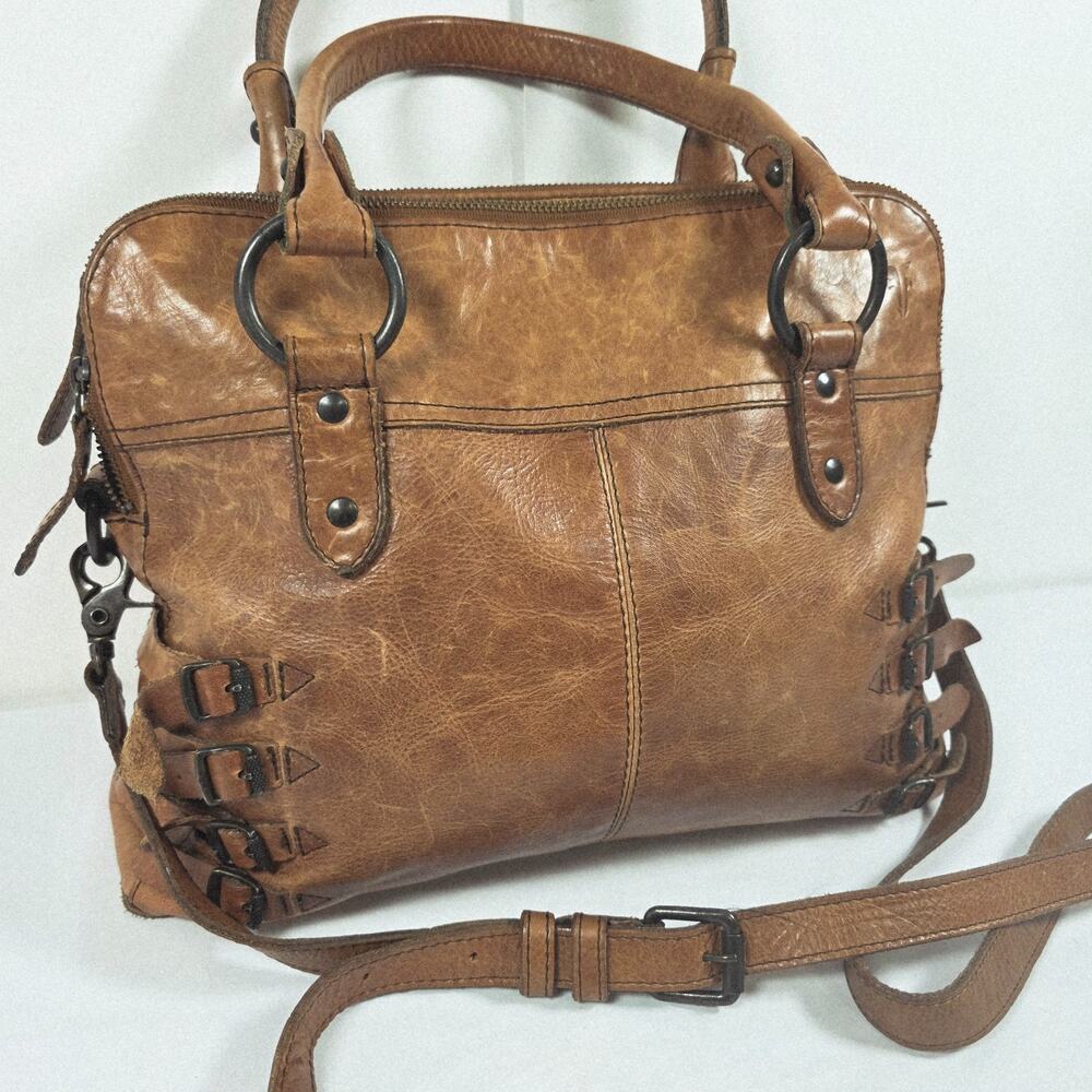 Frye Selena Belted Zip Satchel Whiskey Brown Leather Double Handle w/Crossbody